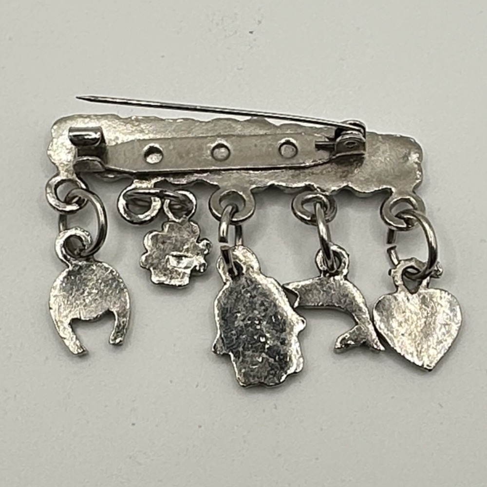 Vintage Silver Tone Brooch Pin Blue Enamel Hamsa Evil Eye Charms Luck Protection - Picture 2 of 10
